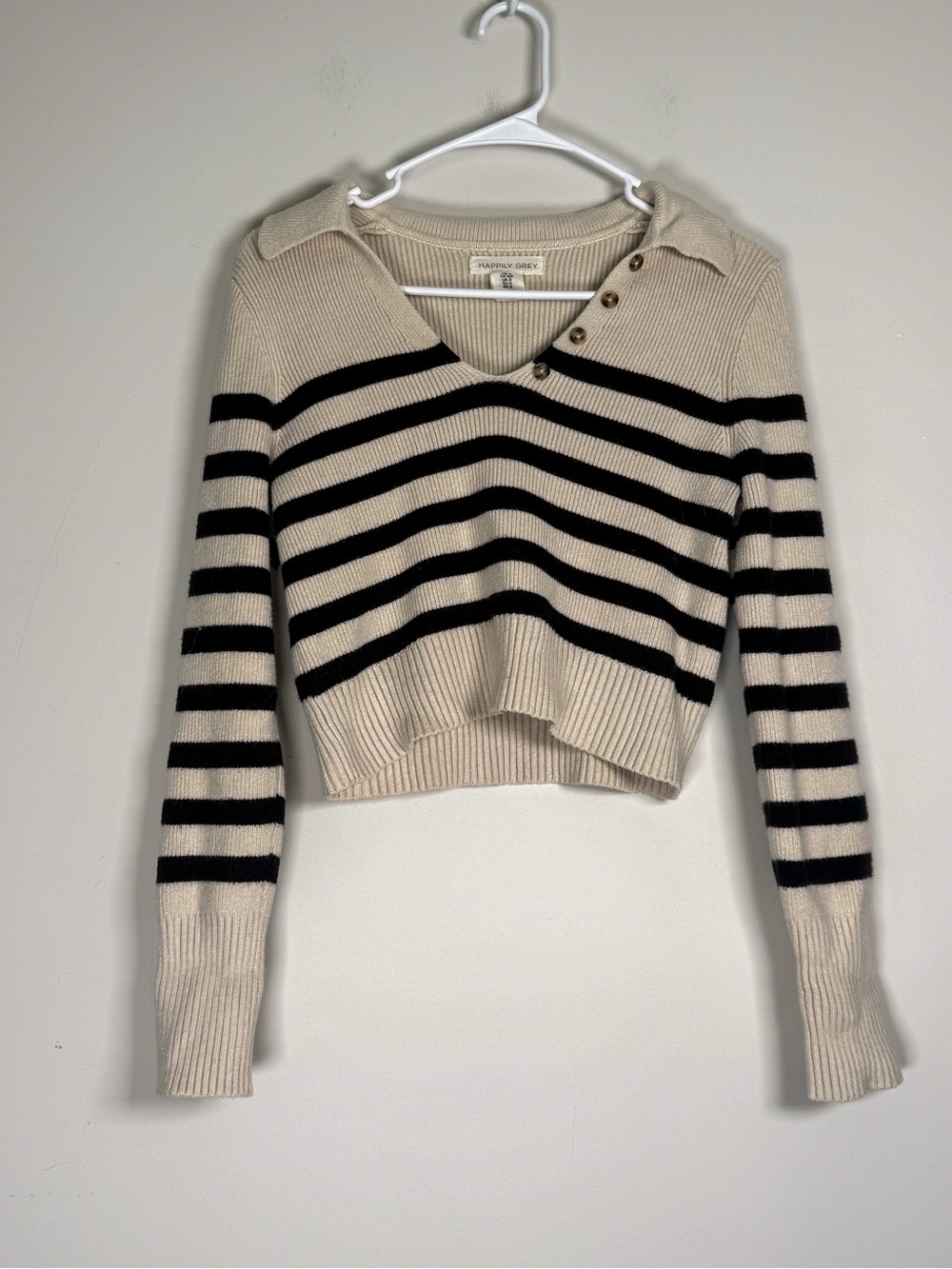 Striped V-Neck Button-Shoulder Sweater in Cream & Black